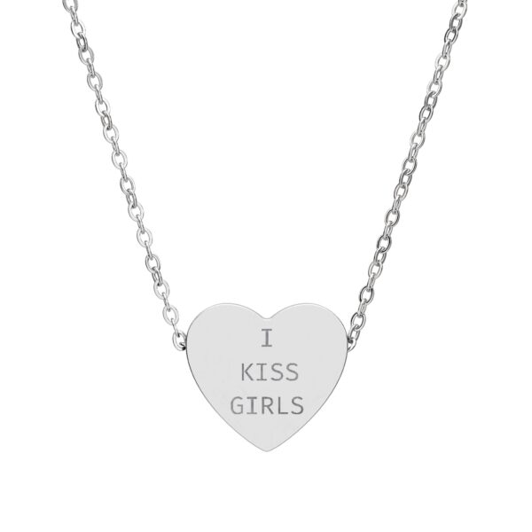 I Kiss Girls Heart Necklace | Engraved Heart Pendant Sapphic Lesbian WLW Pride