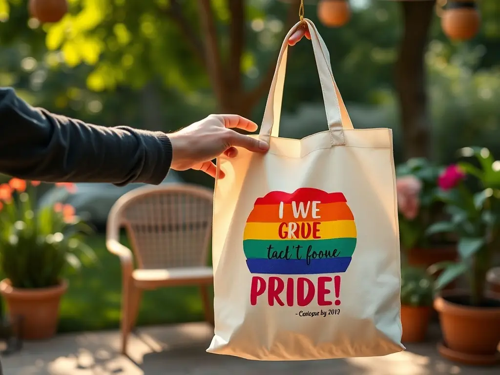 A heartwarming image of a person gifting a custom-designed BoldlyPride tote bag to a friend, featuring a meaningful quote and personalized artwork, capturing the emotional connection and thoughtfulness of the gift.