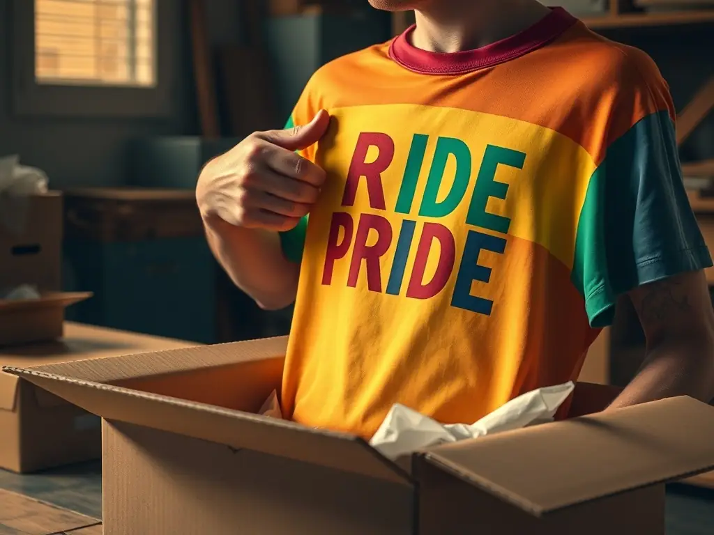 An image depicting a finished, customized product (e.g., a t-shirt with a unique pride design) being carefully packaged, symbolizing the final step of bringing the customer's vision to life.