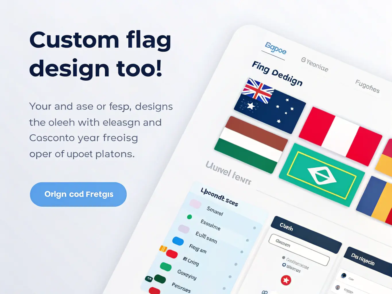 A close-up shot of a tablet screen displaying design customization options, including color palettes, text input fields, and flag icons, illustrating the second step of the process.