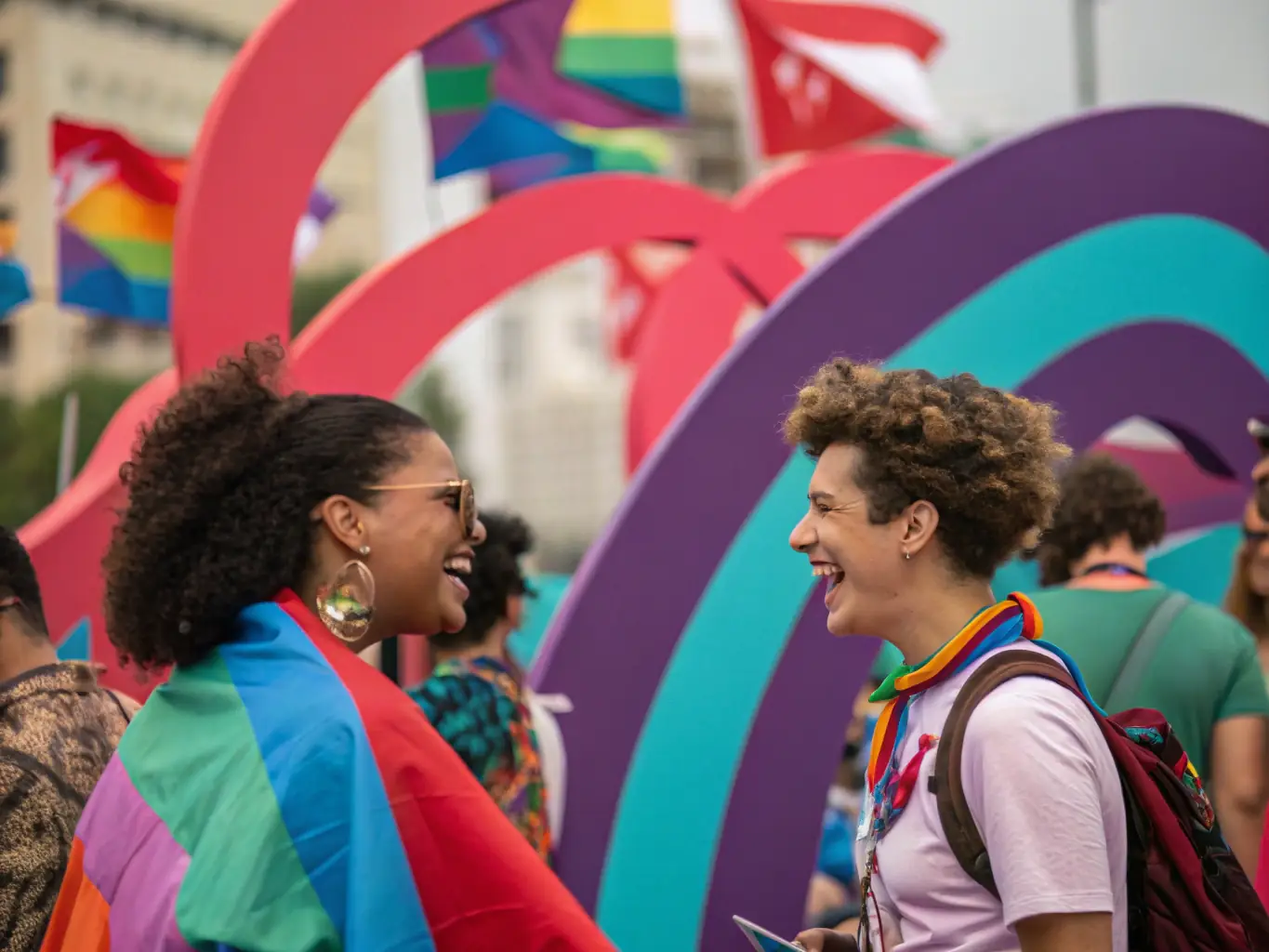 A vibrant photograph showcasing a group of friends at a Pride festival, all wearing custom-designed BoldlyPride t-shirts with unique slogans and color schemes, highlighting the sense of unity and individual expression.