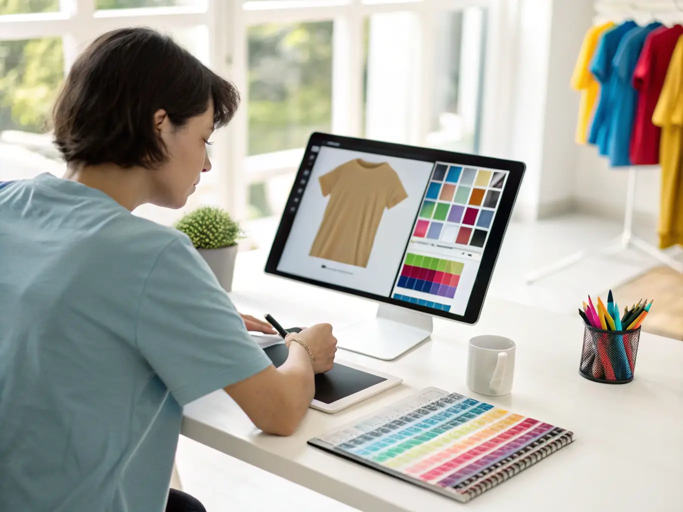 A vibrant photograph showcasing a person selecting a t-shirt from a carousel of blank apparel options on a digital interface, highlighting the first step of the customization process.