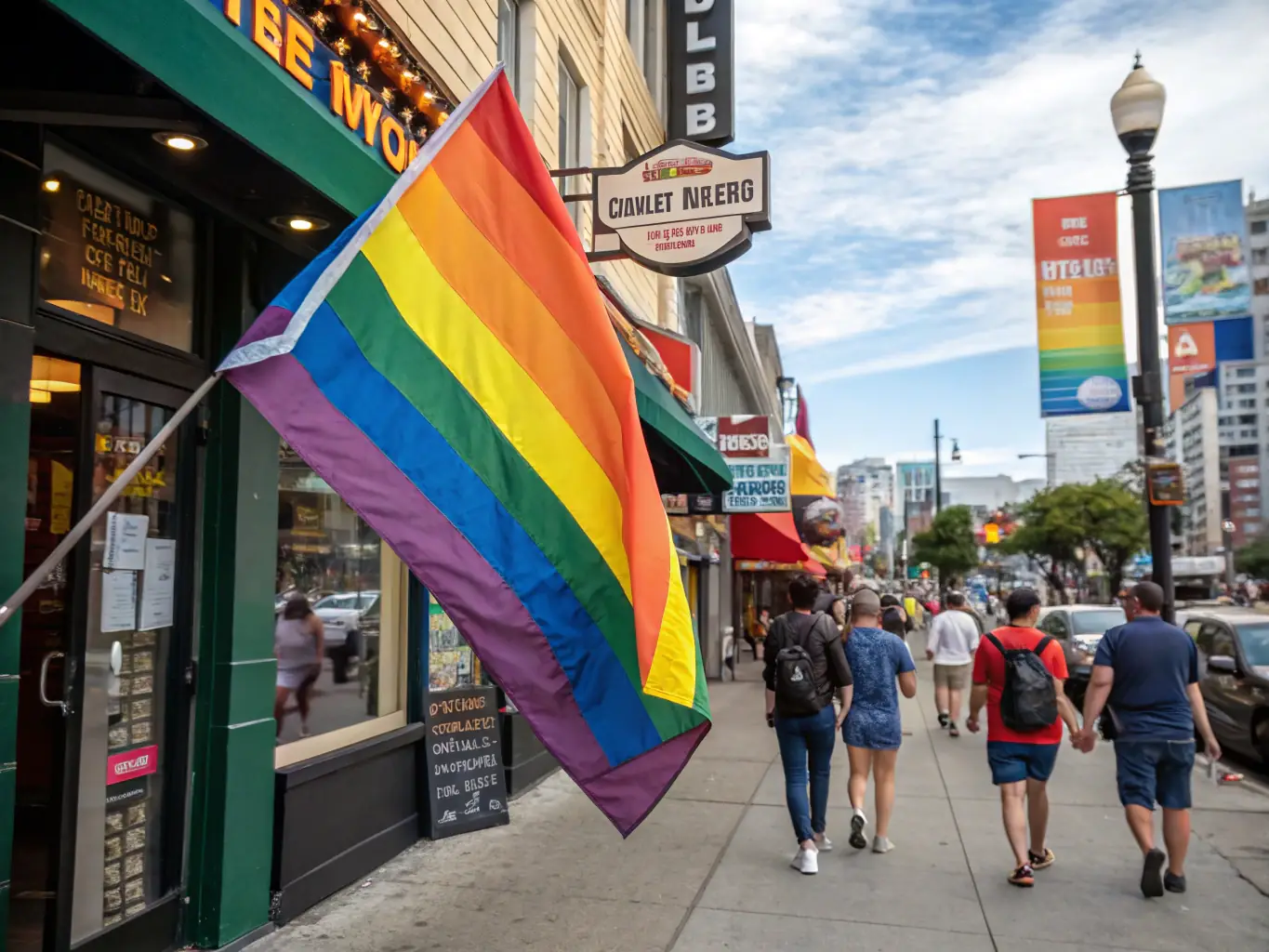 A close-up shot of a custom-designed BoldlyPride flag featuring a unique combination of pride flags and personalized text, displayed proudly on a balcony during a local Pride celebration.