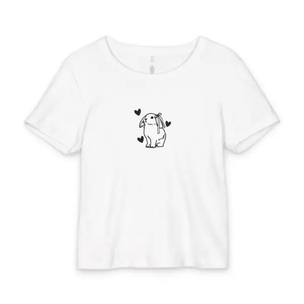 Bunny with Hearts Baby Tee for Women, 100% Organic Cotton Rib Baby Tee, Cute Fitted Crop Top, Retro Cropped T-Shirt, Y2K Aesthetic Shirt
