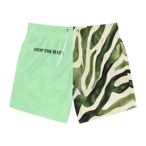 Green Zebra Watercolor Swim Trunks, Stop the Hate Statement Mens Shorts, Bold Graphic Beach Swimwear