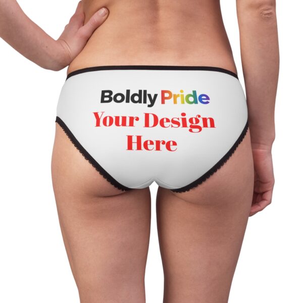 Women’s panties with the words “Your Text Here” printed across the back to show the customizable butt print area.