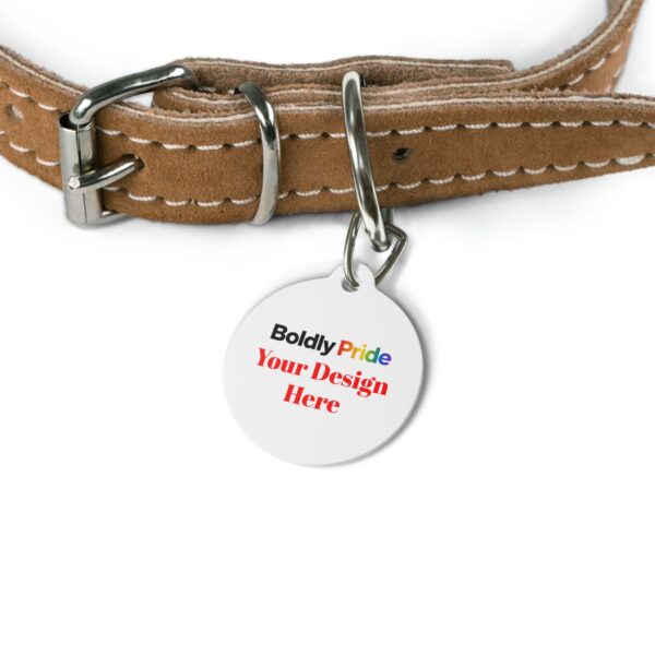 Custom personalizable pet tag shown on a collar and next to it, designed for everyday pets or pup play.