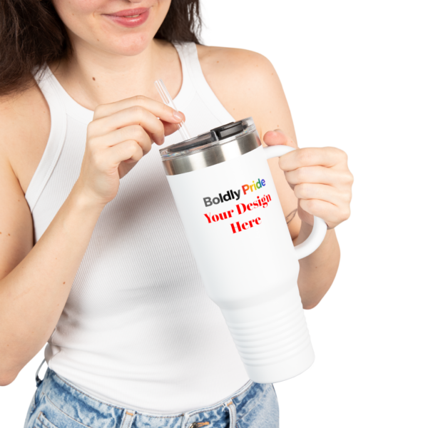 White 40oz custom insulated travel mug with a handle and the words “Your Design Here” printed on the side to show the customizable area.
