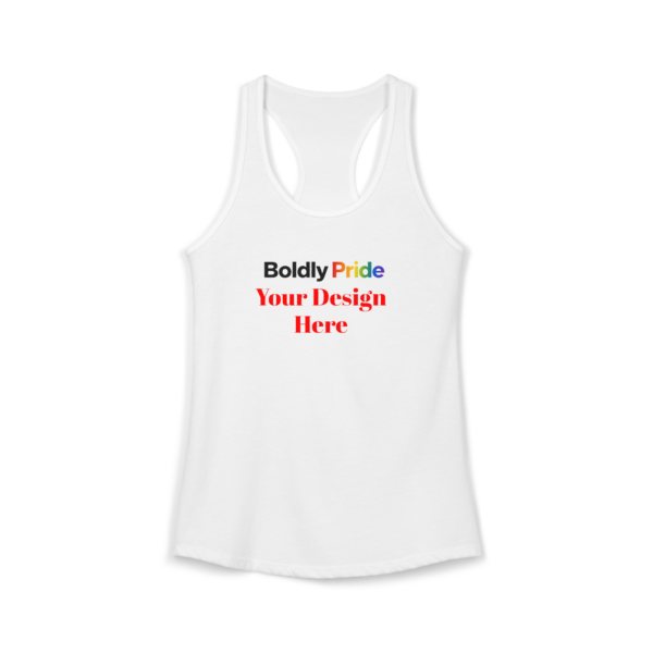 Women’s personalizable racerback tank top on a plain background, with smooth front ready for a custom print.