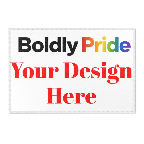 Blank rectangular area rug with the words “Your Design Here” printed in the center to show the customiz