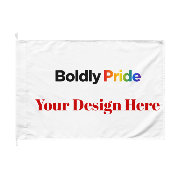 Custom personalized Pride flag with uploaded photo and custom text, colorful LGBTQ+ festival banner designed for Pride parades, room decor, drag shows, and unique queer gifts.