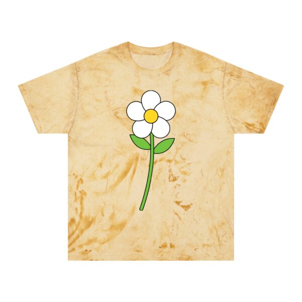 Unisex Colorblast tie‑dye t‑shirt in Citrine laid flat, showing its unique yellow‑gold pigment‑dyed pattern and blank front for a custom print.