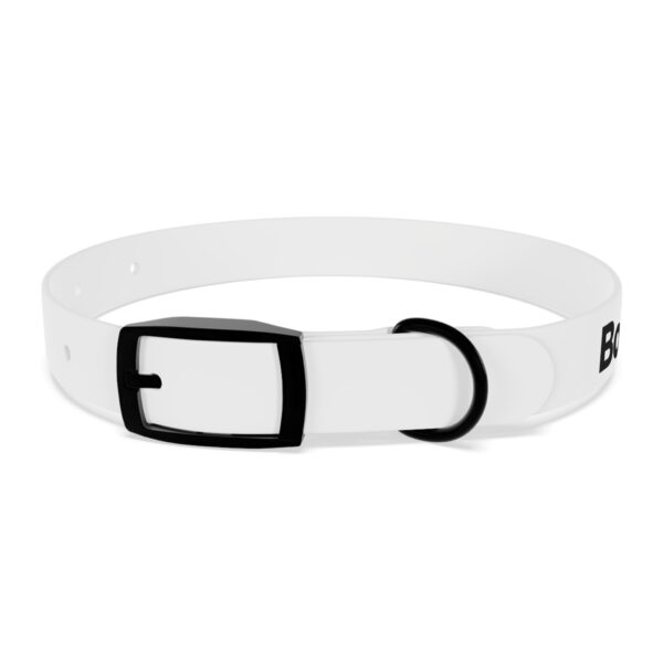 Blank white custom dog collar laid out in a circle, showing a plain strap ready for your pup’s name or design.