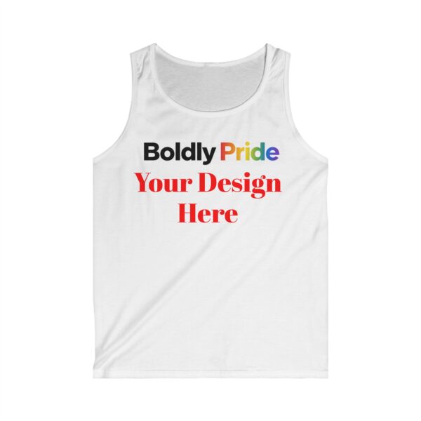 Men’s personalizable softstyle tank top on a plain background, with smooth front ready for a custom print.