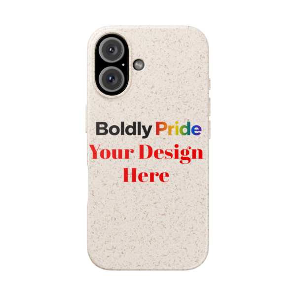 Biodegradable phone case on a smartphone with a blank back and the words “Your Design Here” printed to show the customiz