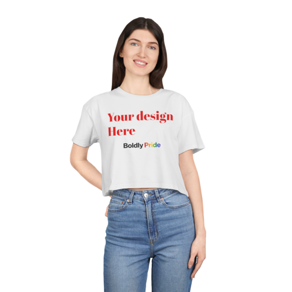 Women’s personalized crop top with custom photo, logo, or text design, trendy fitted cropped t-shirt for Pride festivals, parties, vacations, and everyday streetwear.