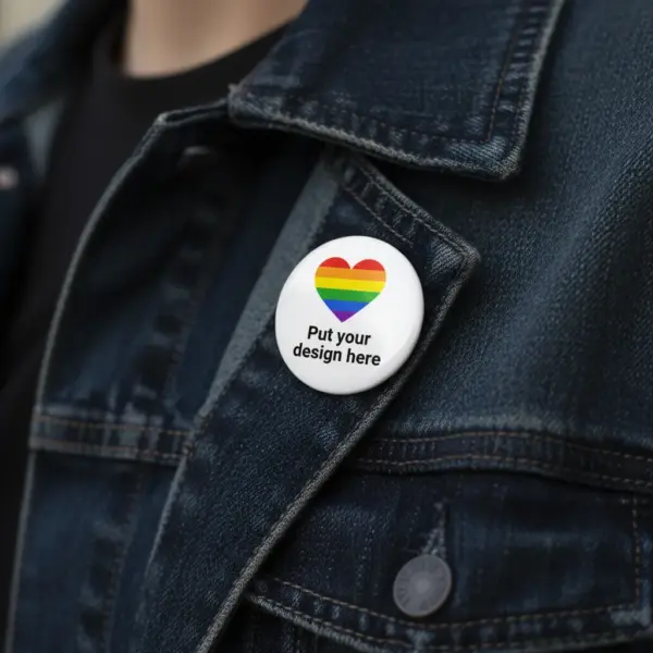 Custom round button pins with personalized photos, logos, names, and text, available in bulk quantities for Pride events, businesses, festivals, parties, campaigns, and promotional giveaways.