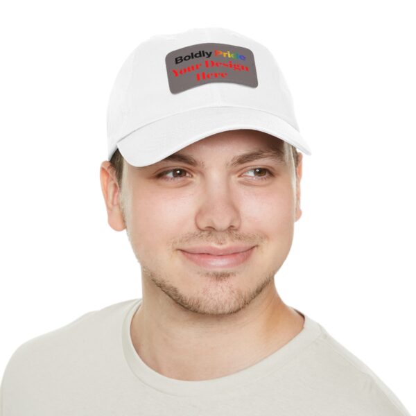 Dad hat with a rectangular leather patch on the front reading “Your Design Here” to show the customizable logo area.