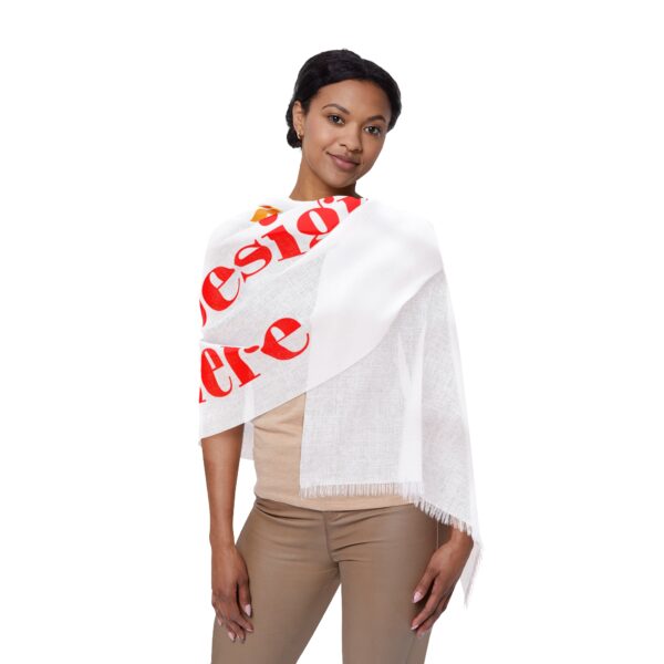 Light scarf/pashmina draped and laid out with the words “Your Design Here” printed across the fabric to show the customizable area.