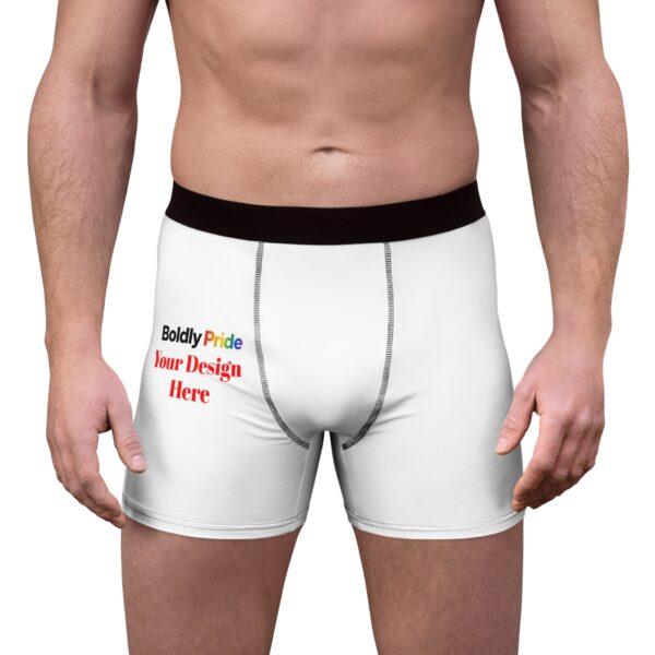 Blank men’s boxer briefs with the words “Your Design Here” printed on the front to show the customiz