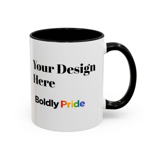 White 11oz accent coffee mug with a colored handle and interior, showing the words “Your Design Here” printed on the front to mark the customizable area.