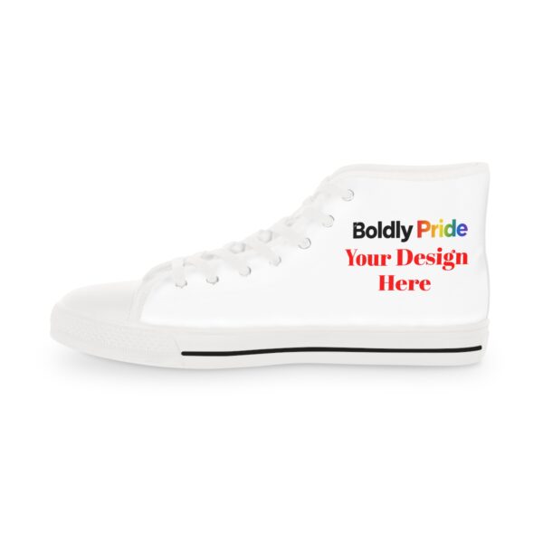 Pair of custom men’s high‑top sneakers, one in colorful tie‑dye and the other with a “Boldly Pride” text design on the side.