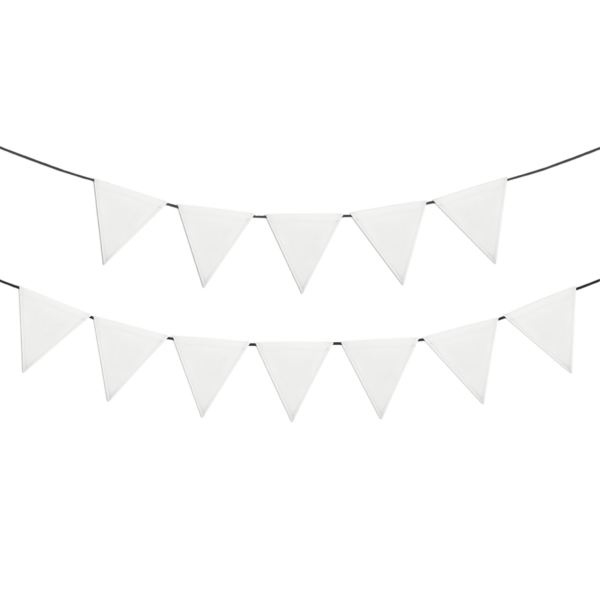 Custom party triangle flags hanging as a bunting banner with personalized designs.