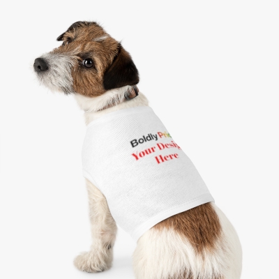 Small dog wearing a custom personalizable pet tank top, showing a smooth back panel for printed design.