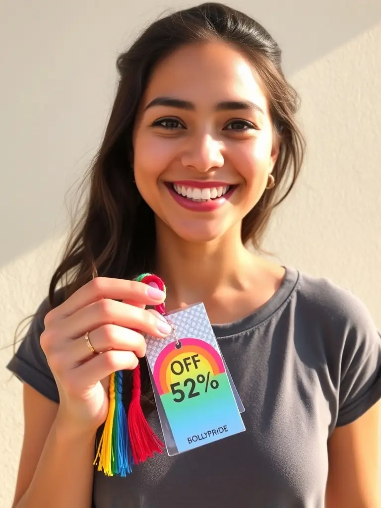 A person happily holding a BoldlyPride product, with a discount tag overlaid, representing the exclusive discounts for affiliates.